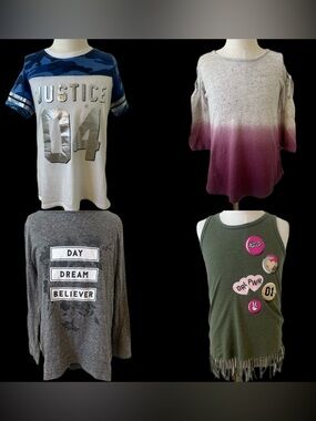 Justice Girls Multi-Top Set - White, Blue, Gray, Purple & Olive Green